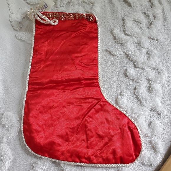 Vintage NWT Red Satin Stocking Christmas Tree Embellished Bling White Trim - Picture 11 of 12